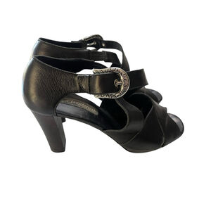 Brighton Vogue Black Heel Silver Western Buckle Strappy Shoes Size 9 Women's